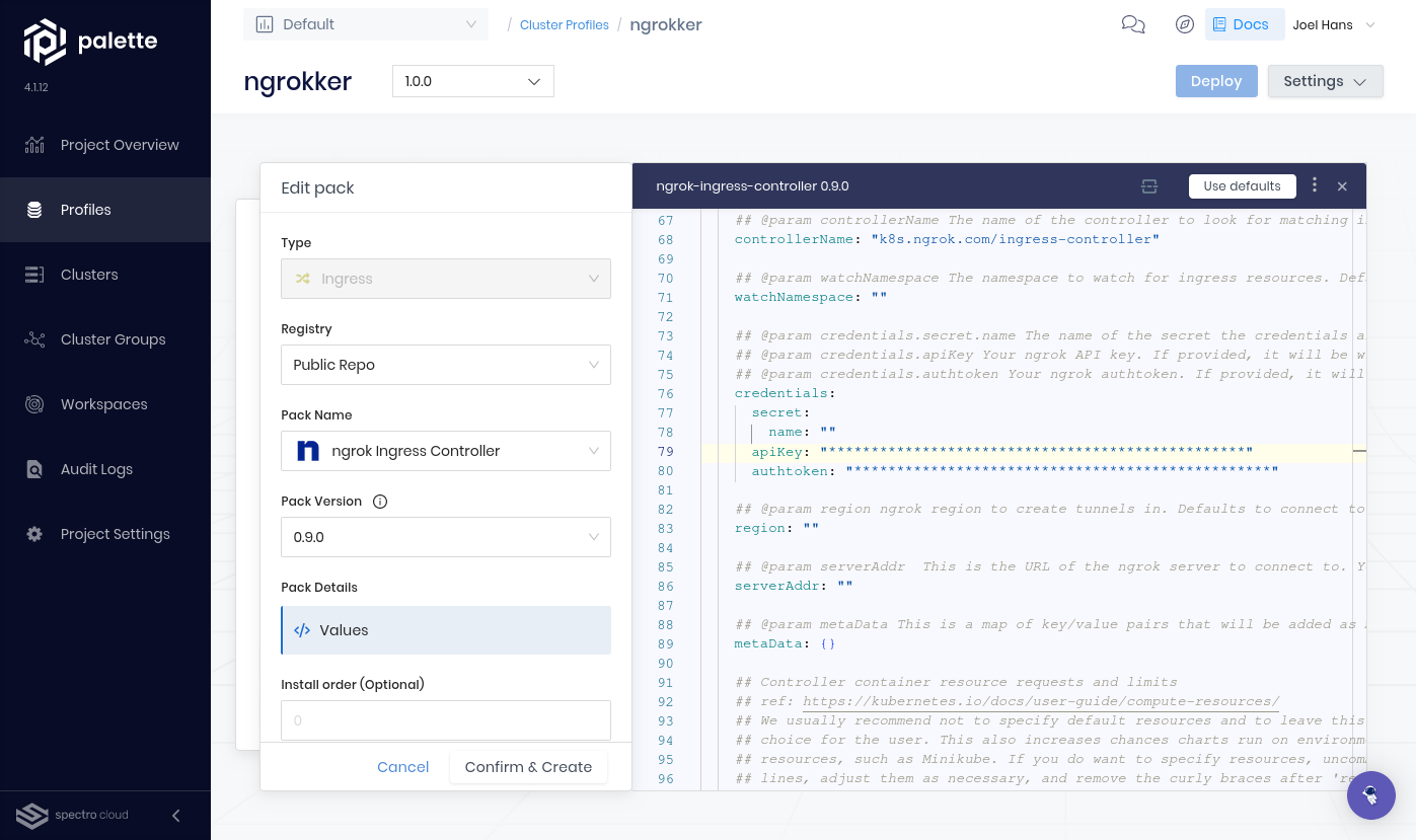 Add ngrok secrets to the Palette profile